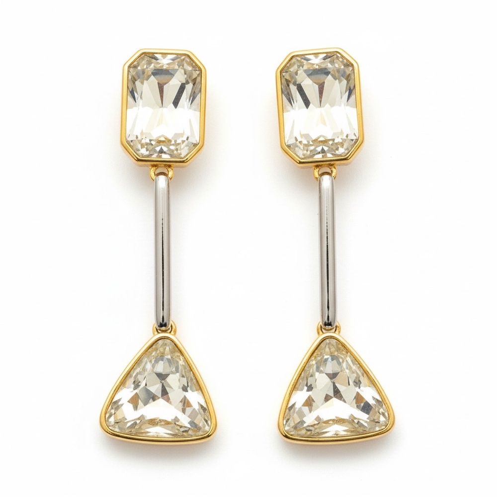 VTG COURREGES Earrings Clip Style Crystal Gold Dangle Cocktail Party